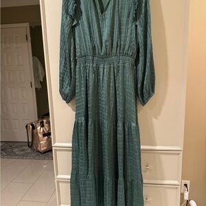 Joy Joy Long Sleeve Dress Emerald Green with Gold Thread